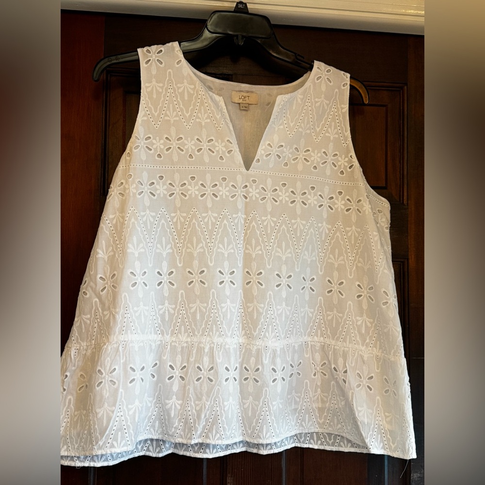 LOFT White Eyelet Sleeveless V-Notch Top